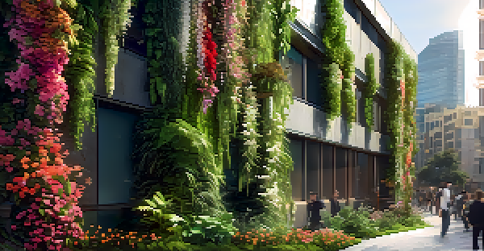 A modern building with a lush vertical garden filled with various green plants and colorful flowers under warm sunlight.