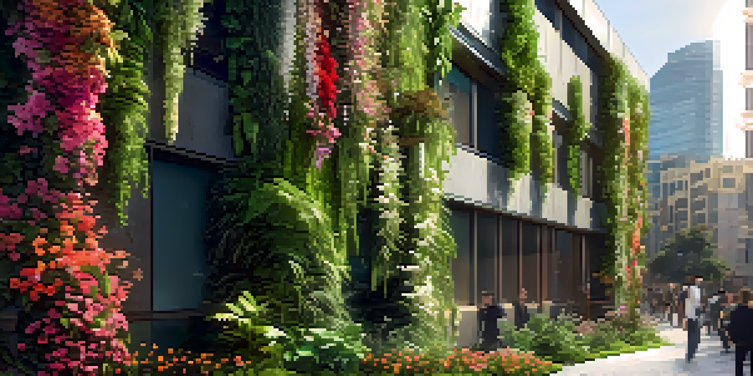 A modern building with a lush vertical garden filled with various green plants and colorful flowers under warm sunlight.