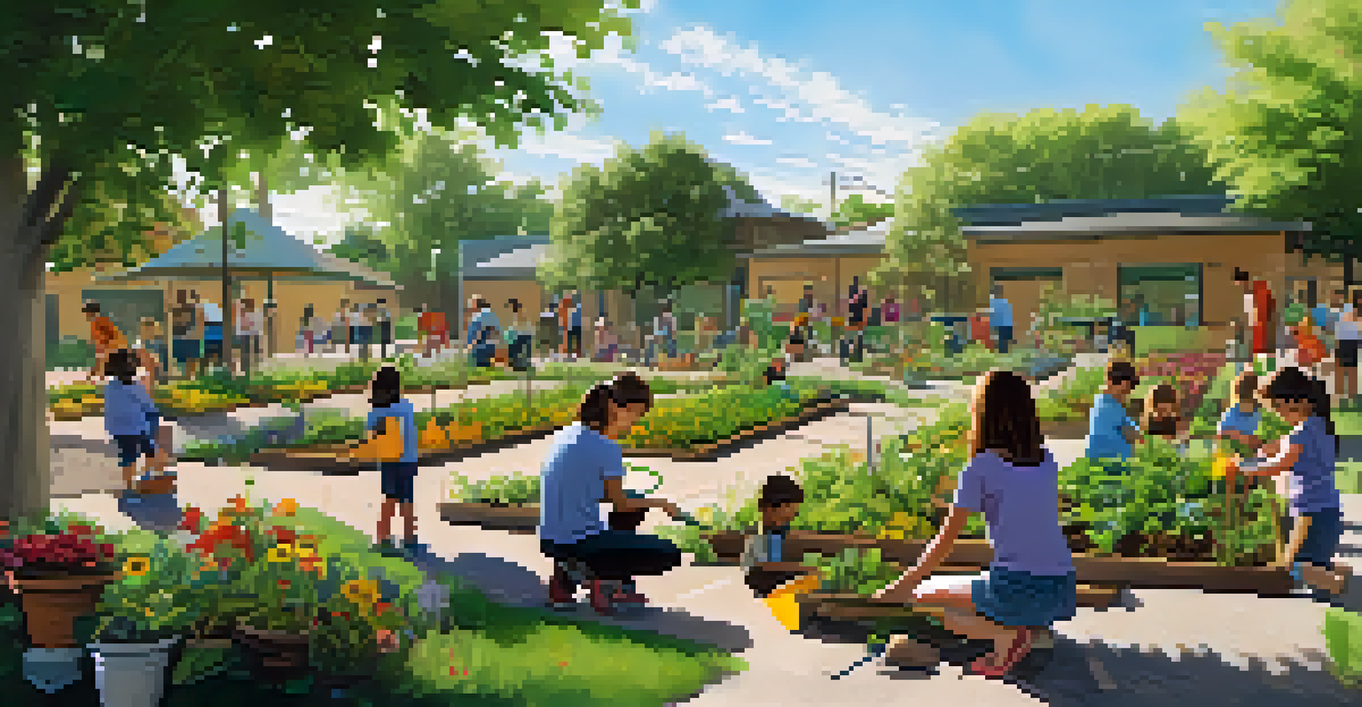 Children participating in a gardening workshop in a community park in Austin, planting seedlings and learning about nature under bright sunlight.