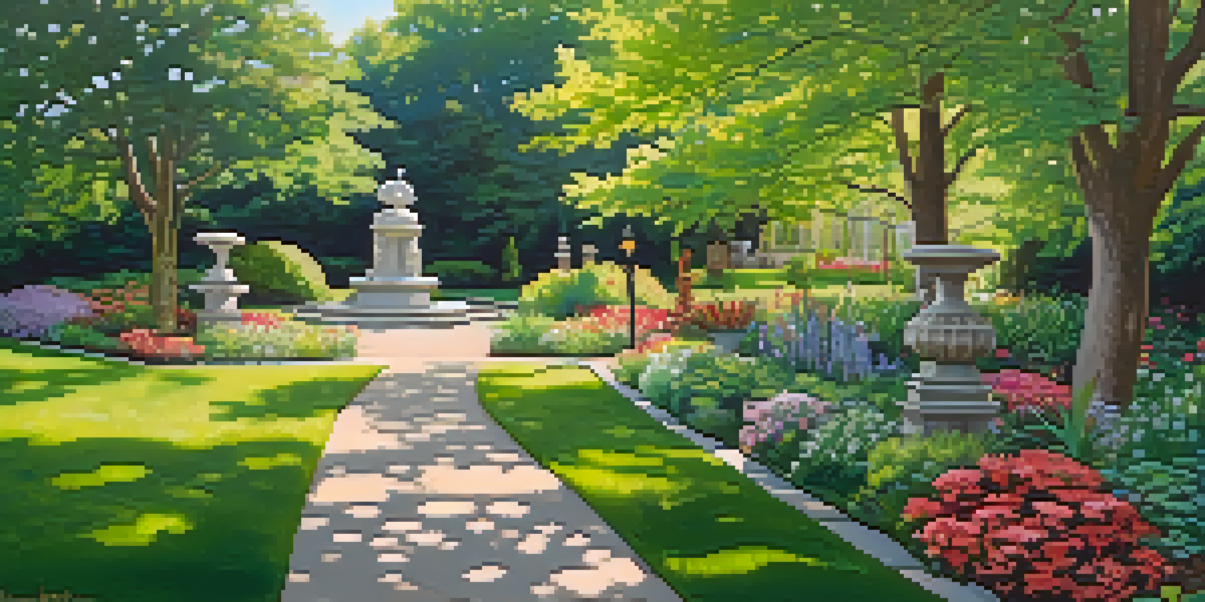 A serene garden at the Elizabeth Ney Museum, featuring lush greenery, sculptures, and vibrant flowers bathed in soft sunlight.