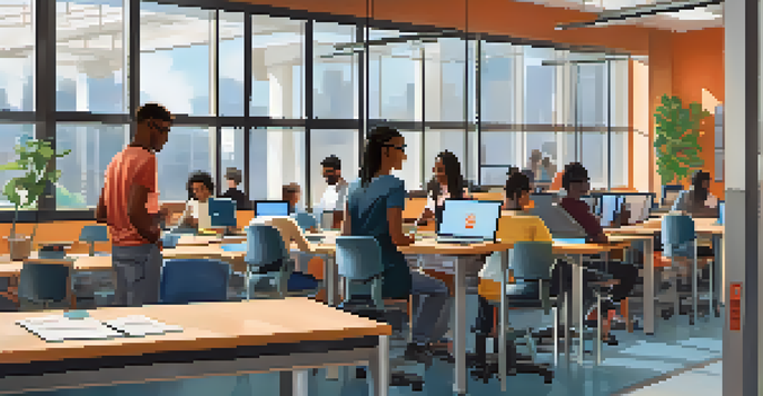 A diverse group of young adults participating in a job training program in a bright classroom, with various workstations and a mentor assisting them.