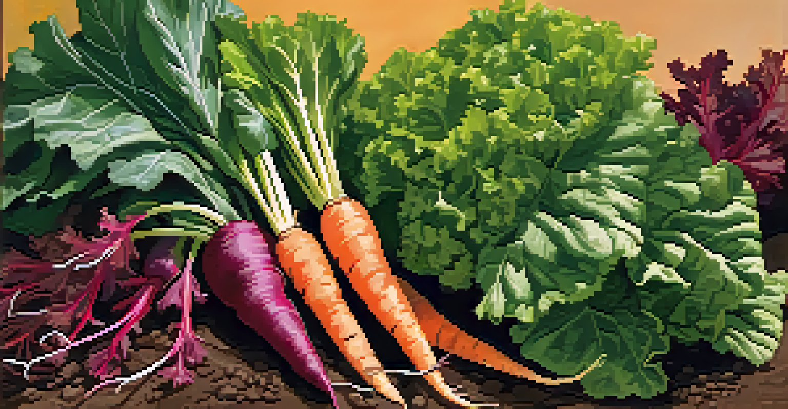 A peaceful fall garden with leafy greens and root vegetables illuminated by the golden light of sunset.