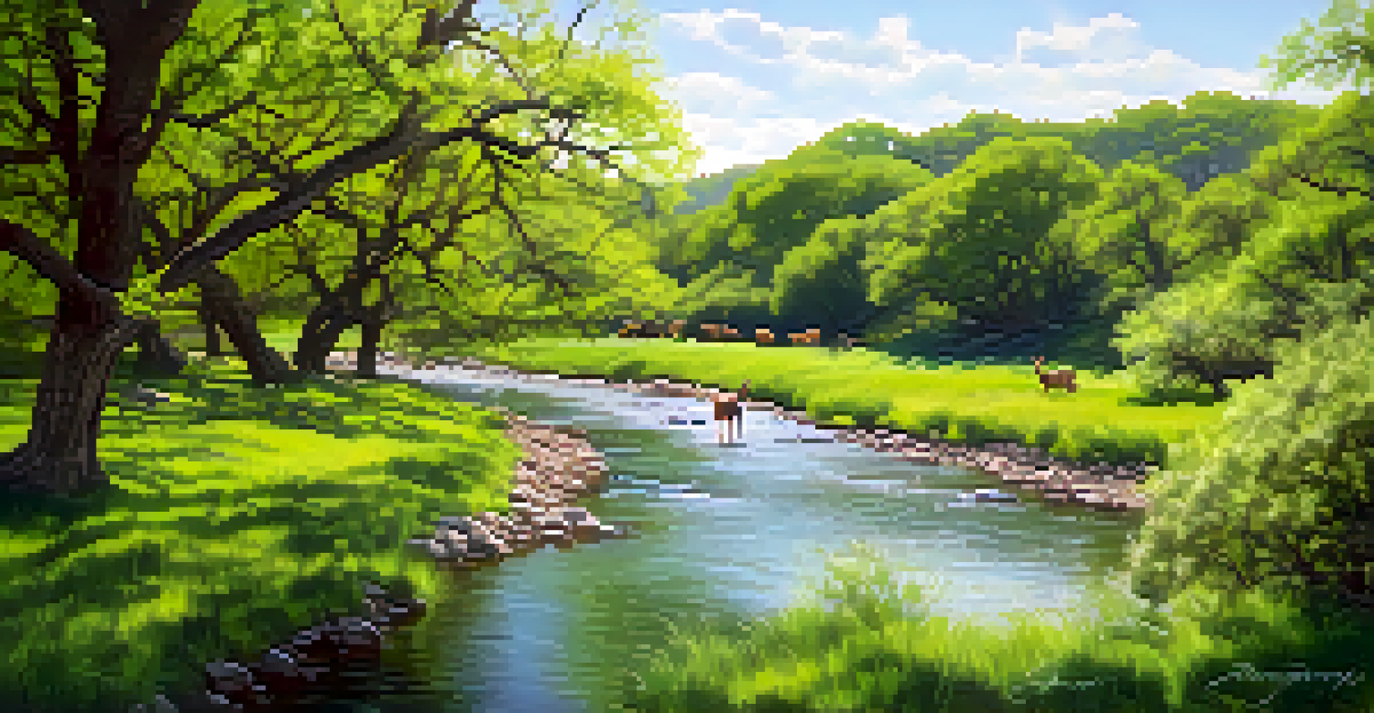 A view of Barton Creek Greenbelt with grazing deer and birds in trees surrounded by lush greenery.