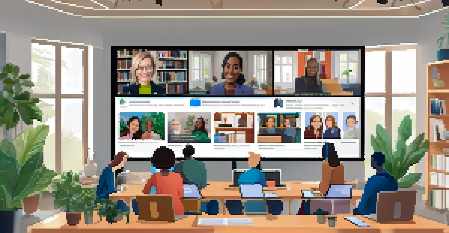 A laptop screen displaying a digital town hall meeting with diverse participants in video windows, set in a cozy home office environment.