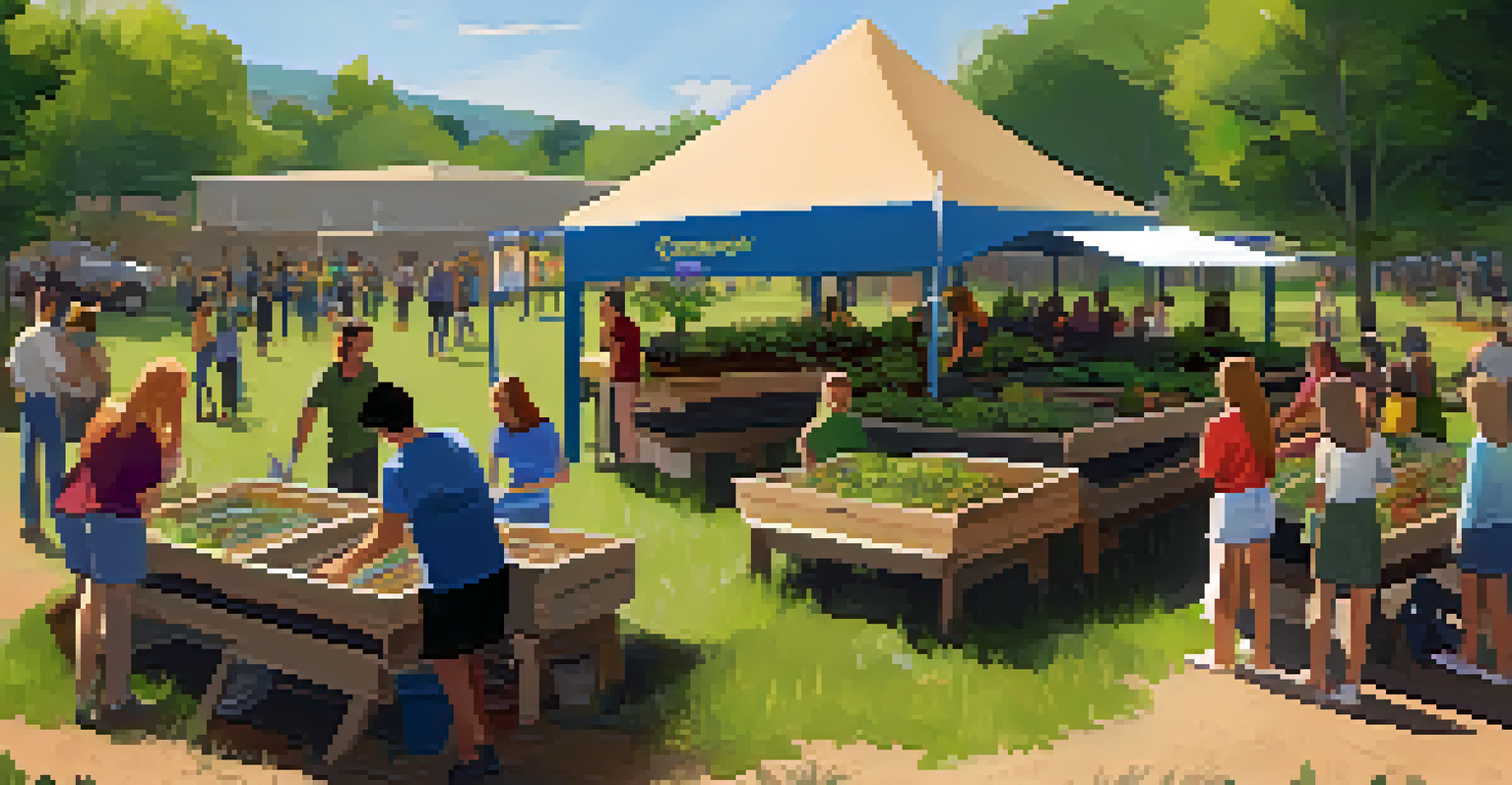 A workshop at a festival demonstrating composting. Attendees learn about waste reduction with compost bins and sustainability pamphlets in a well-lit, plant-filled setting.