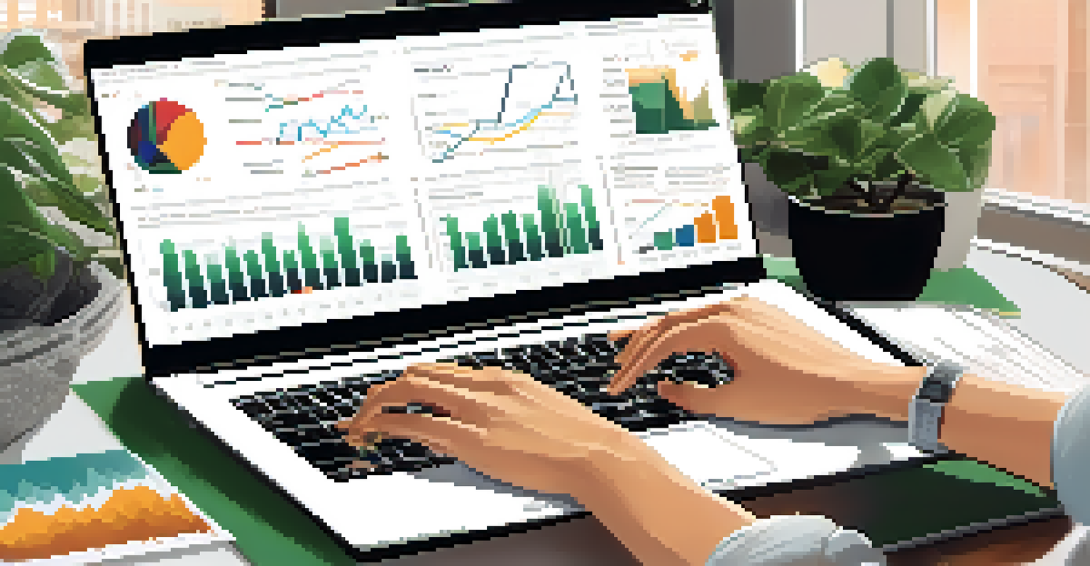 Close-up of hands typing on a laptop with charts on the screen, set in a cozy office atmosphere with plants and a coffee cup.