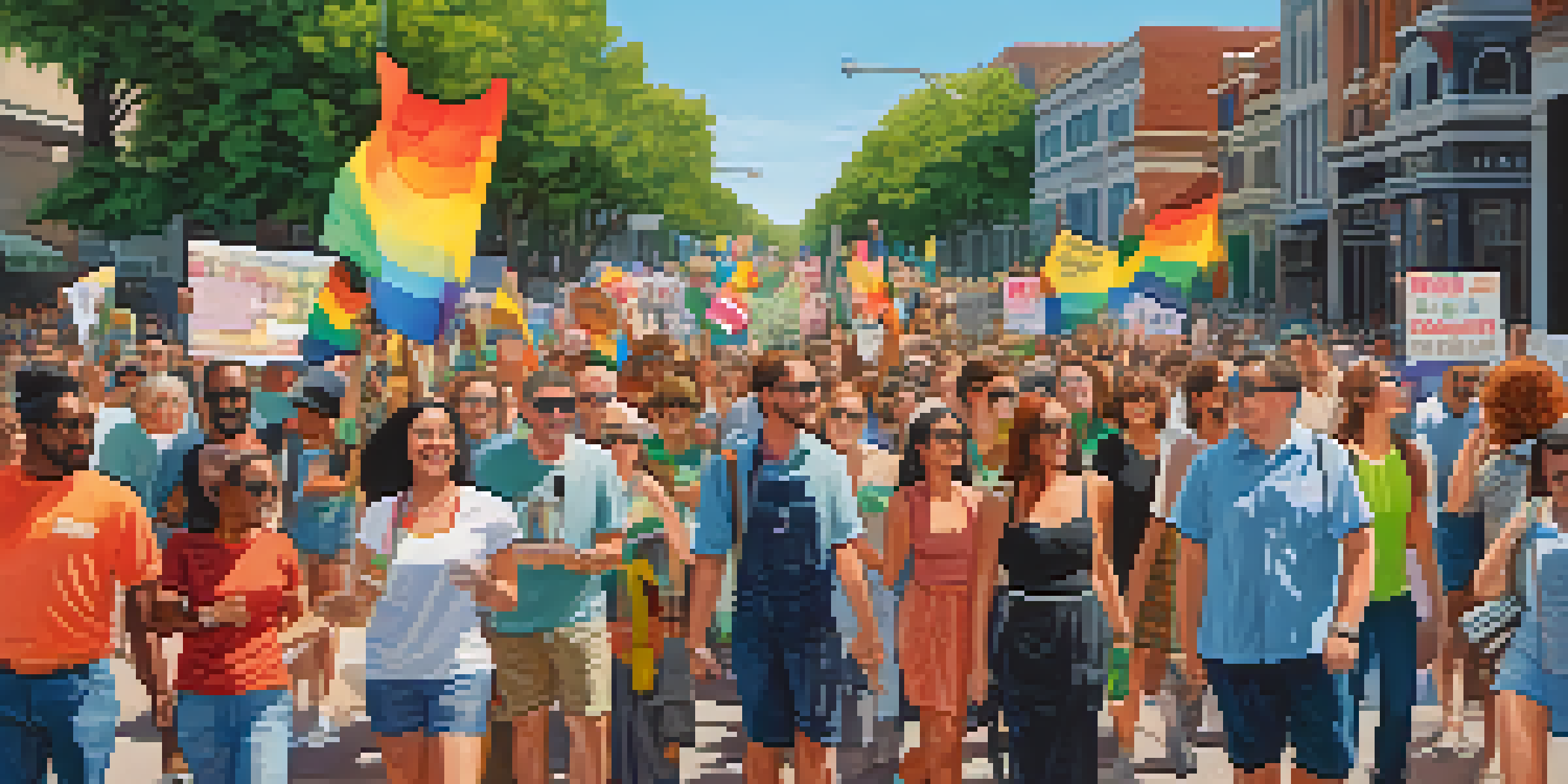 A diverse crowd gathered in Austin during a political rally, holding colorful banners and signs, with historic buildings and greenery in the background.