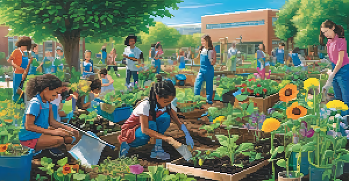 Students working together in a colorful school garden, participating in composting activities on a sunny day.