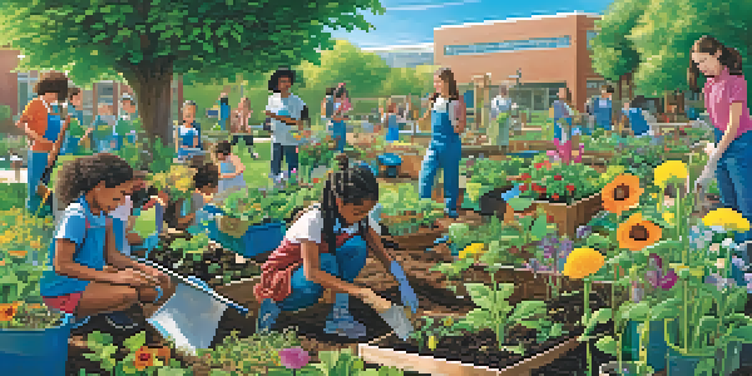 Students working together in a colorful school garden, participating in composting activities on a sunny day.