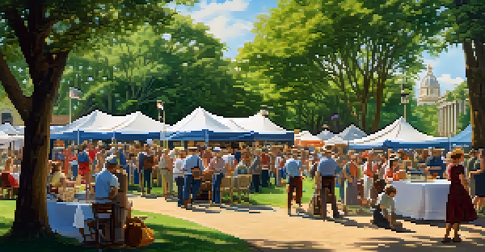 A lively community event with people engaged in storytelling and workshops, surrounded by tents and historical buildings.