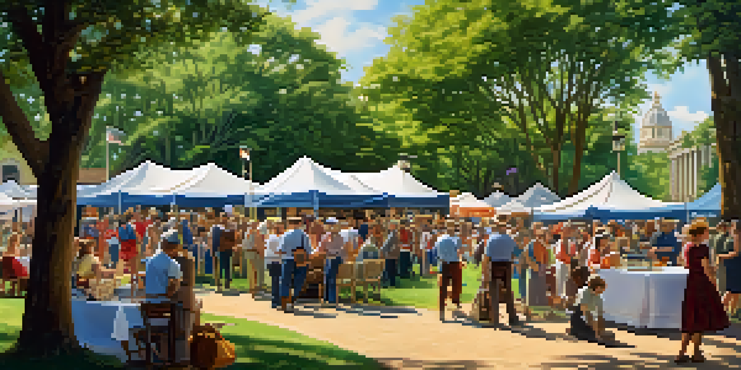 A lively community event with people engaged in storytelling and workshops, surrounded by tents and historical buildings.