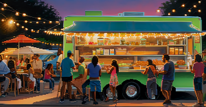 A lively food truck area in Austin, filled with colorful trucks and patrons enjoying their meals under warm sunset lighting.