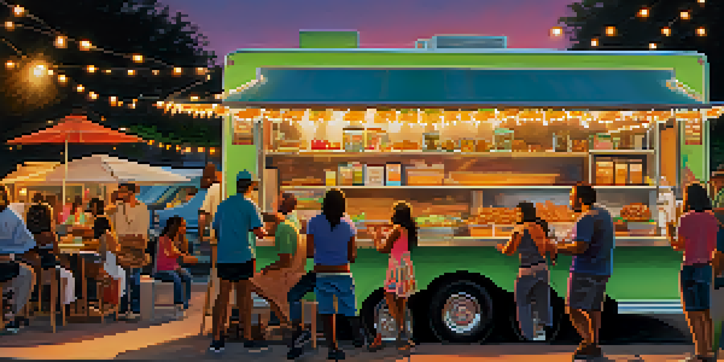 A lively food truck area in Austin, filled with colorful trucks and patrons enjoying their meals under warm sunset lighting.