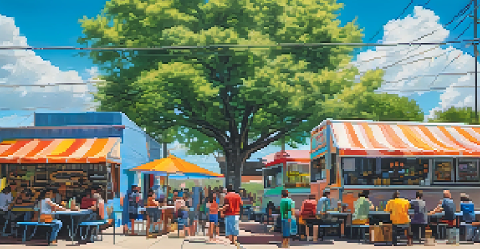 A lively food truck park in Austin filled with colorful trucks and people dining at picnic tables under string lights.