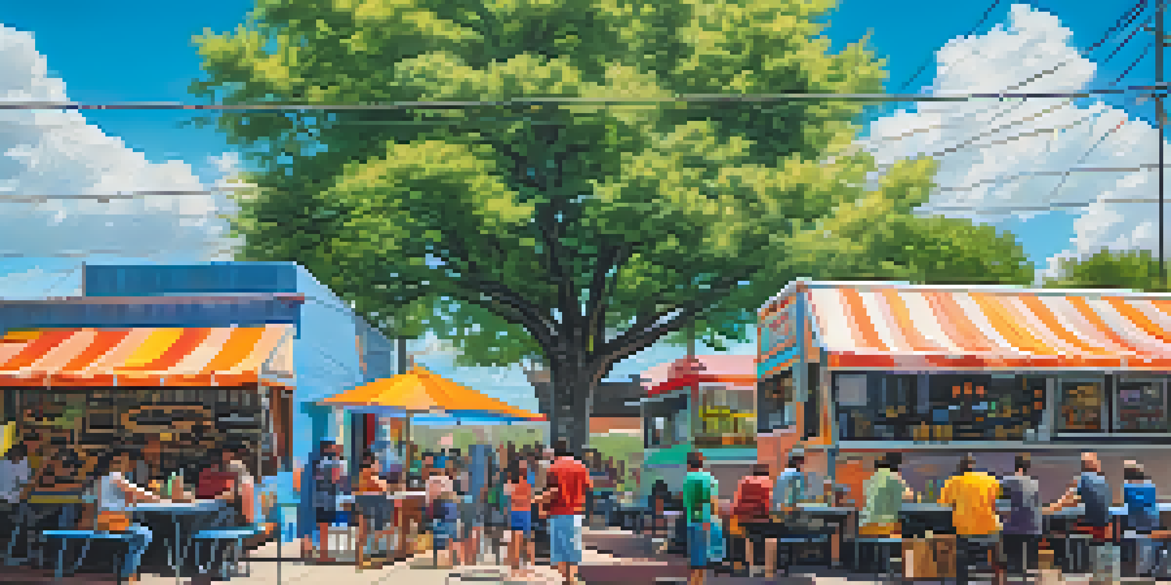 A lively food truck park in Austin filled with colorful trucks and people dining at picnic tables under string lights.