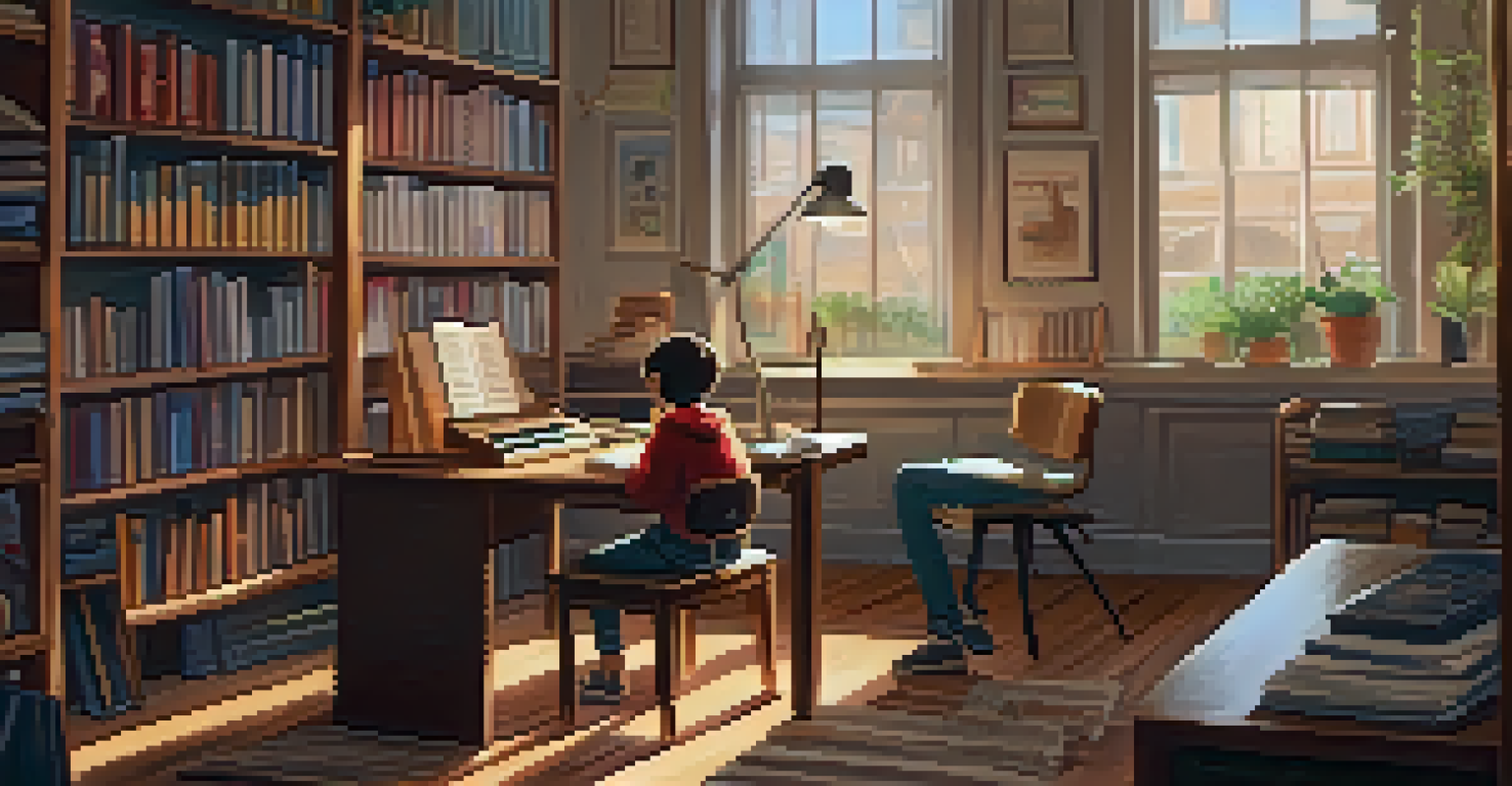 A young person in a library engaged in an online music lesson, surrounded by books and a ukulele, in a warm and inviting space.