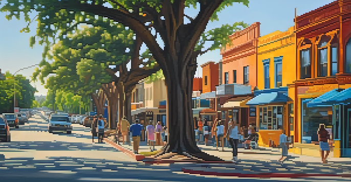 A lively street in East Austin filled with colorful murals and people walking by under warm sunlight.