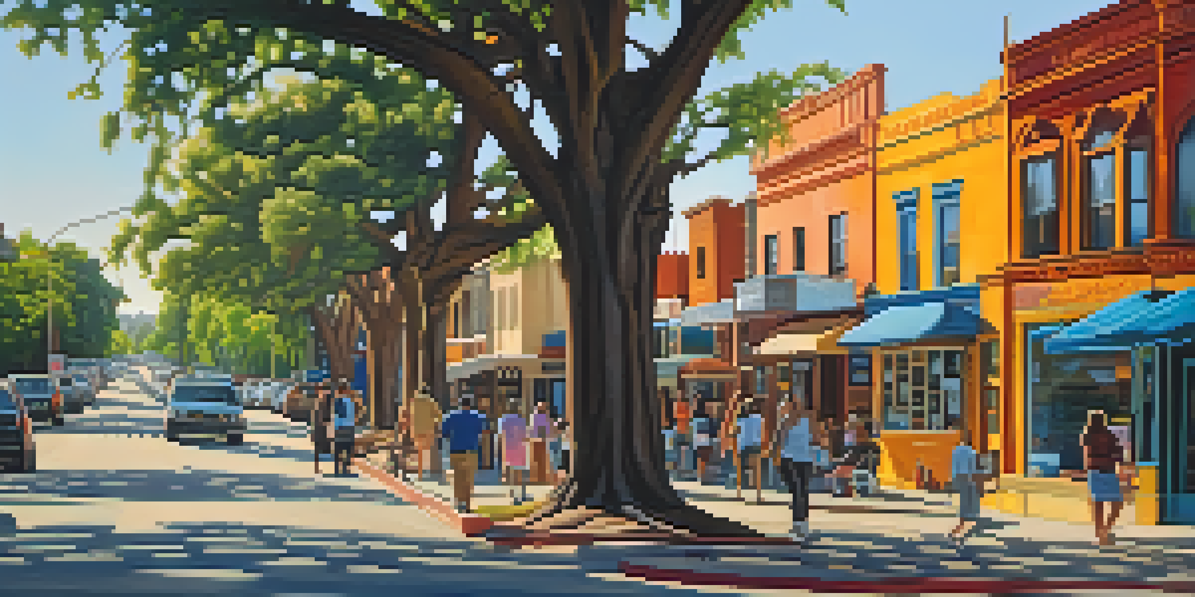 A lively street in East Austin filled with colorful murals and people walking by under warm sunlight.