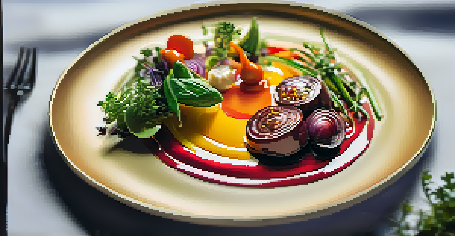 A close-up of a modern plated dish at the Austin Food & Wine Festival, featuring vibrant seasonal vegetables and artistic sauce drizzles.