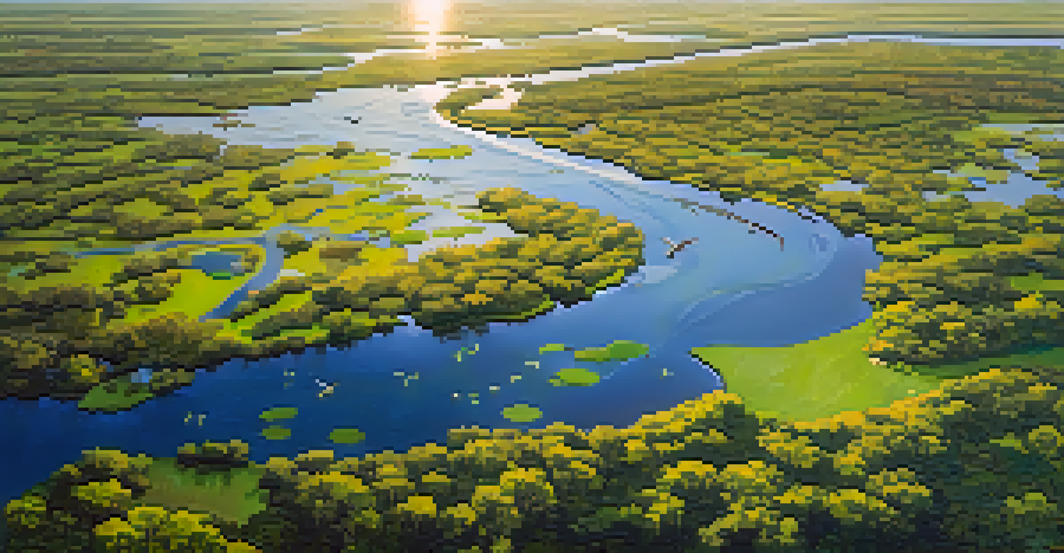 An aerial perspective of a colorful wetland near Austin's rivers, showcasing green marshlands and flying birds under the sunlight.