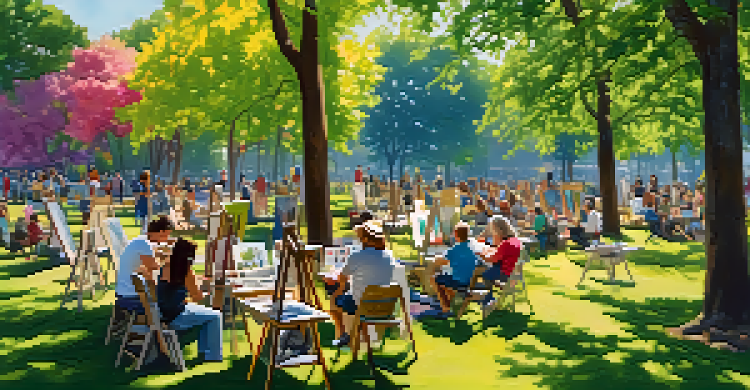 An outdoor art workshop in a sunny park with artists painting and drawing, surrounded by easels and vibrant canvases amidst lush greenery.