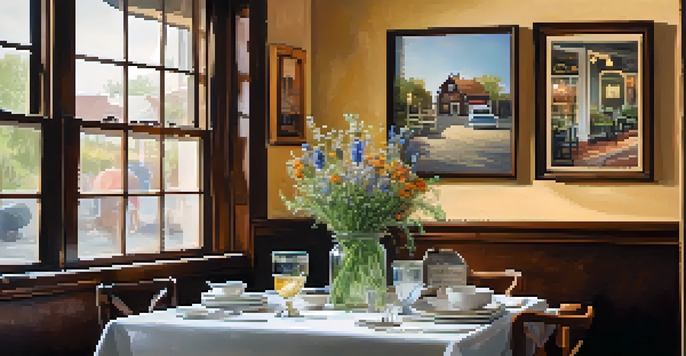 A warm and inviting dining space with vintage decor and local art on the walls.
