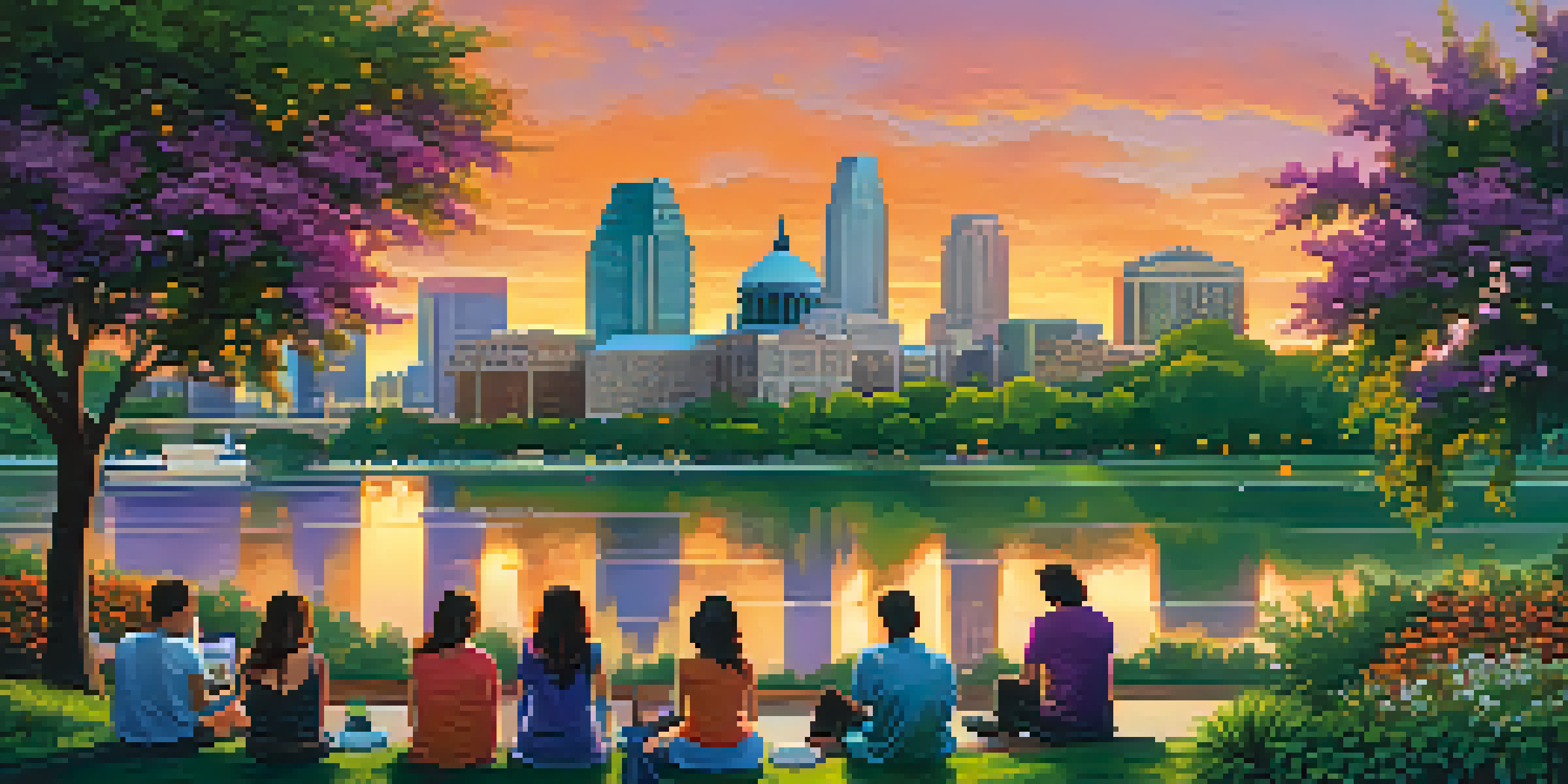 A sunset view of Austin's skyline with the Texas State Capitol, featuring people enjoying outdoor activities by Lady Bird Lake.