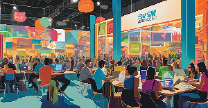 A lively tech conference in Austin with diverse attendees networking and discussing at colorful startup booths.