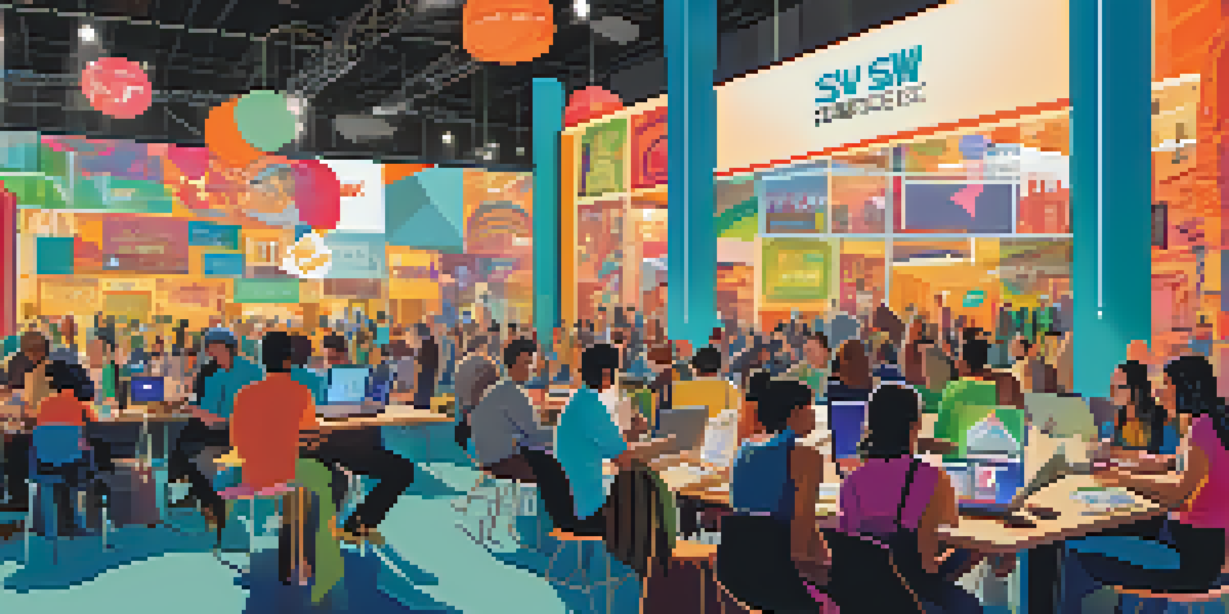 A lively tech conference in Austin with diverse attendees networking and discussing at colorful startup booths.