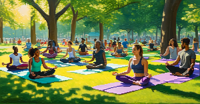 A diverse group of people practicing outdoor yoga in a sunny park, with green trees in the background and yoga mats on the grass.