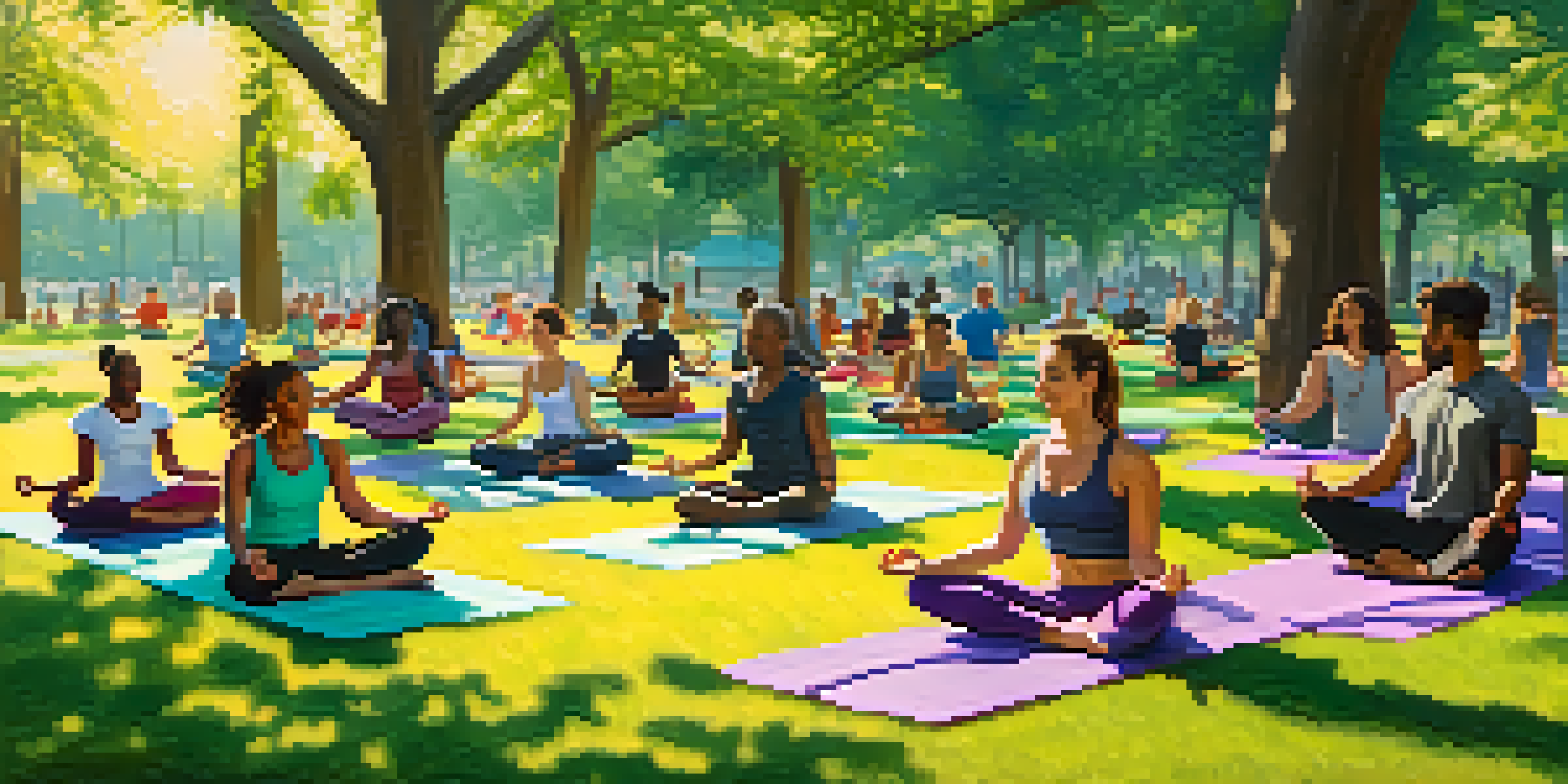 A diverse group of people practicing outdoor yoga in a sunny park, with green trees in the background and yoga mats on the grass.