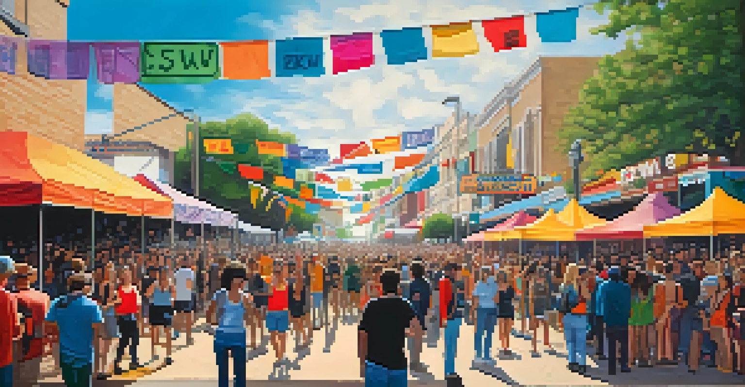 A vibrant crowd at the SXSW festival in Austin, with colorful banners and stages, showcasing diverse attendees enjoying music performances.