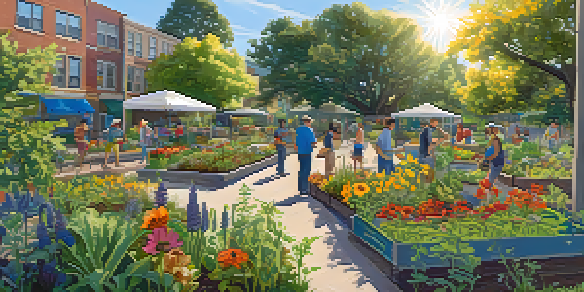 A community garden in Austin with people tending to native plants and vegetables under a sunny sky.