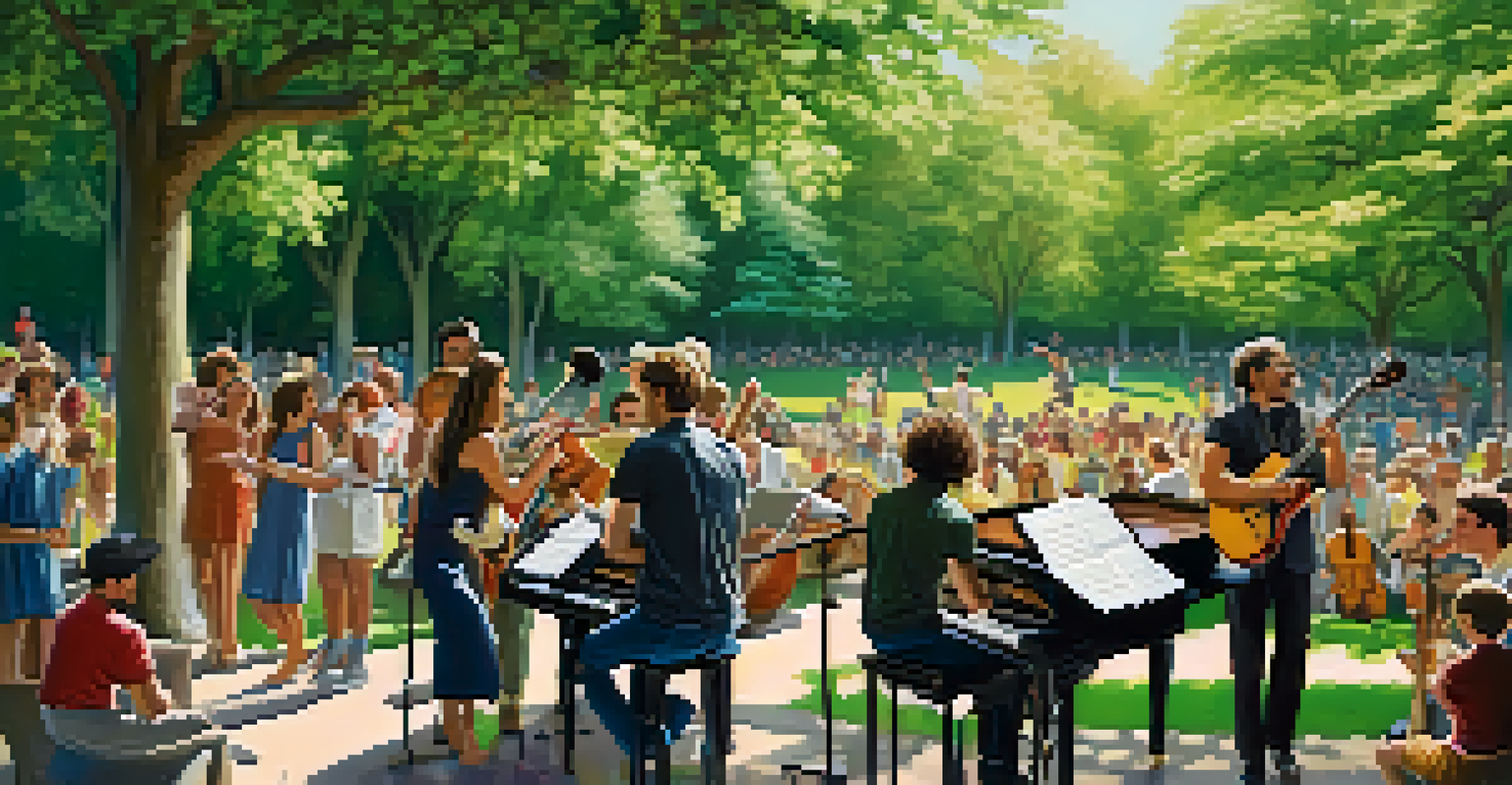 Musicians performing in a park with an audience enjoying the live music under sunny skies.