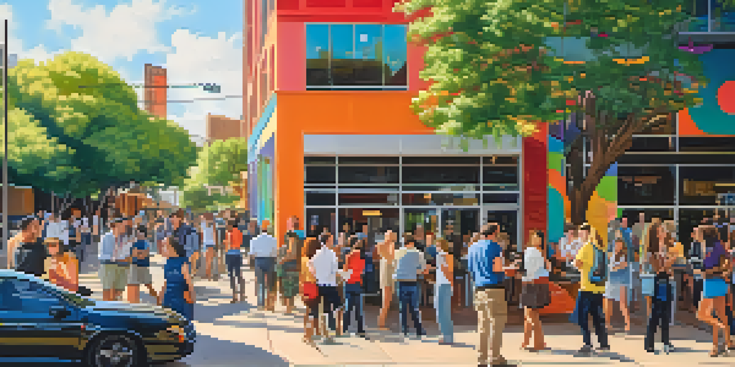 A lively street in Austin with diverse professionals discussing outside a modern co-working space, surrounded by greenery and colorful murals.