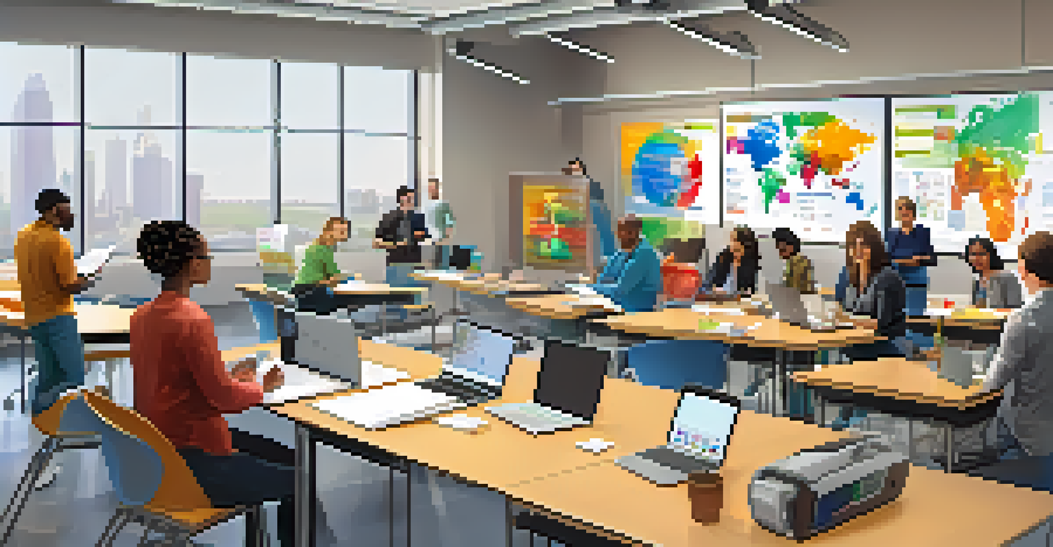 Teachers participating in a collaborative workshop in a modern classroom, sharing ideas and resources.