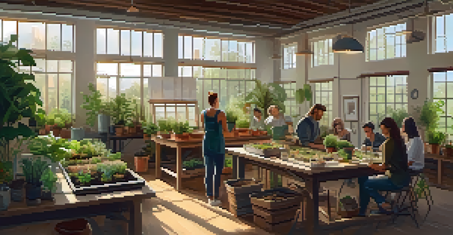 A local influencer leading a composting workshop with participants in a bright, plant-filled room.