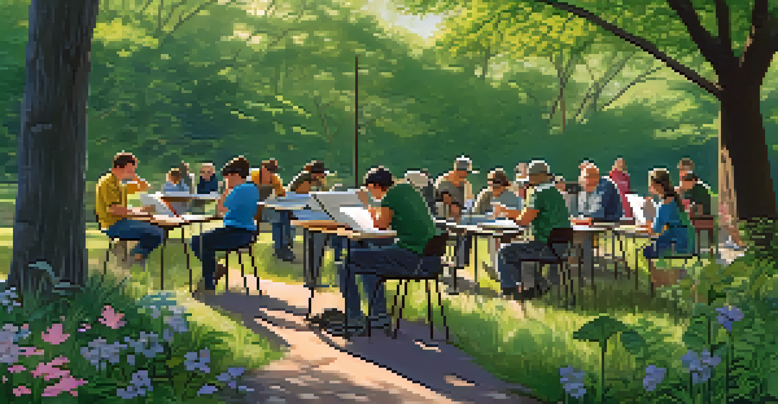 Volunteers observing birds in a park during a wildlife monitoring workshop, surrounded by greenery and flowers in the morning light.