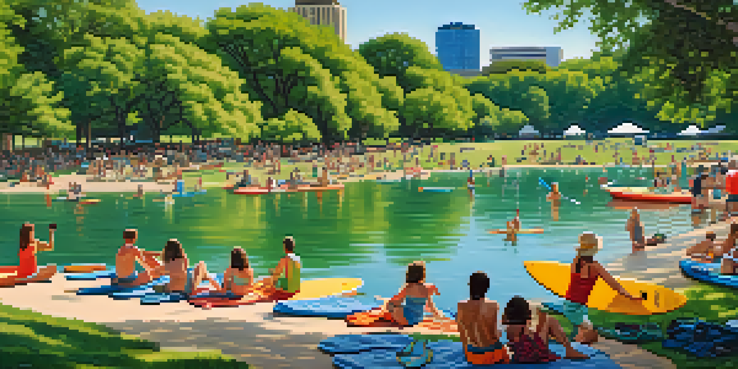 Families enjoying a sunny day in Zilker Park with green landscapes, picnic areas, and paddleboarding.