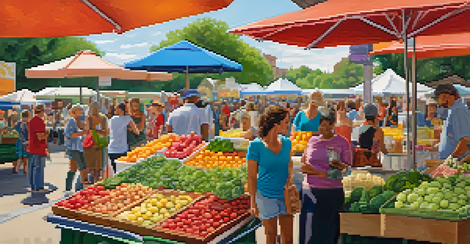 A vibrant farmers market in Austin showcasing colorful fruits and vegetables, food vendors, and customers enjoying the festive atmosphere.