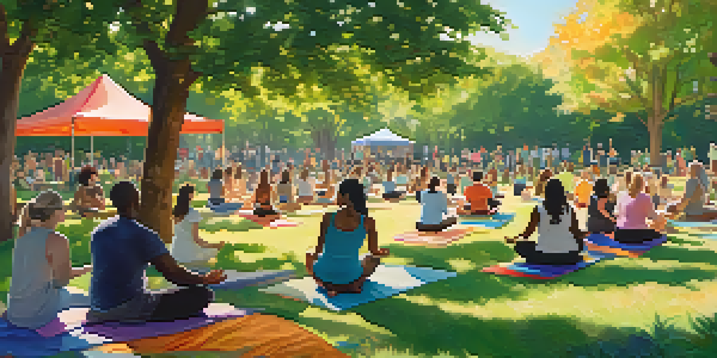 A lively park scene with diverse individuals engaging in a community wellness event, promoting mental health awareness in Austin, with colorful banners and sunlight filtering through the trees.