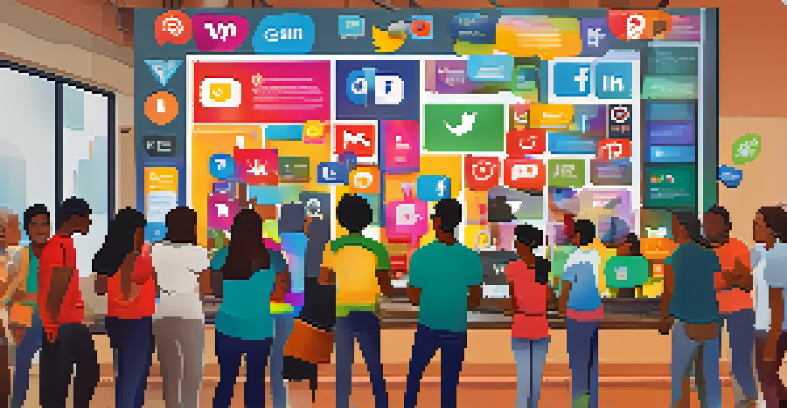 Residents engaging with a vibrant social media campaign on a large screen in a community center, sharing and discussing local issues.