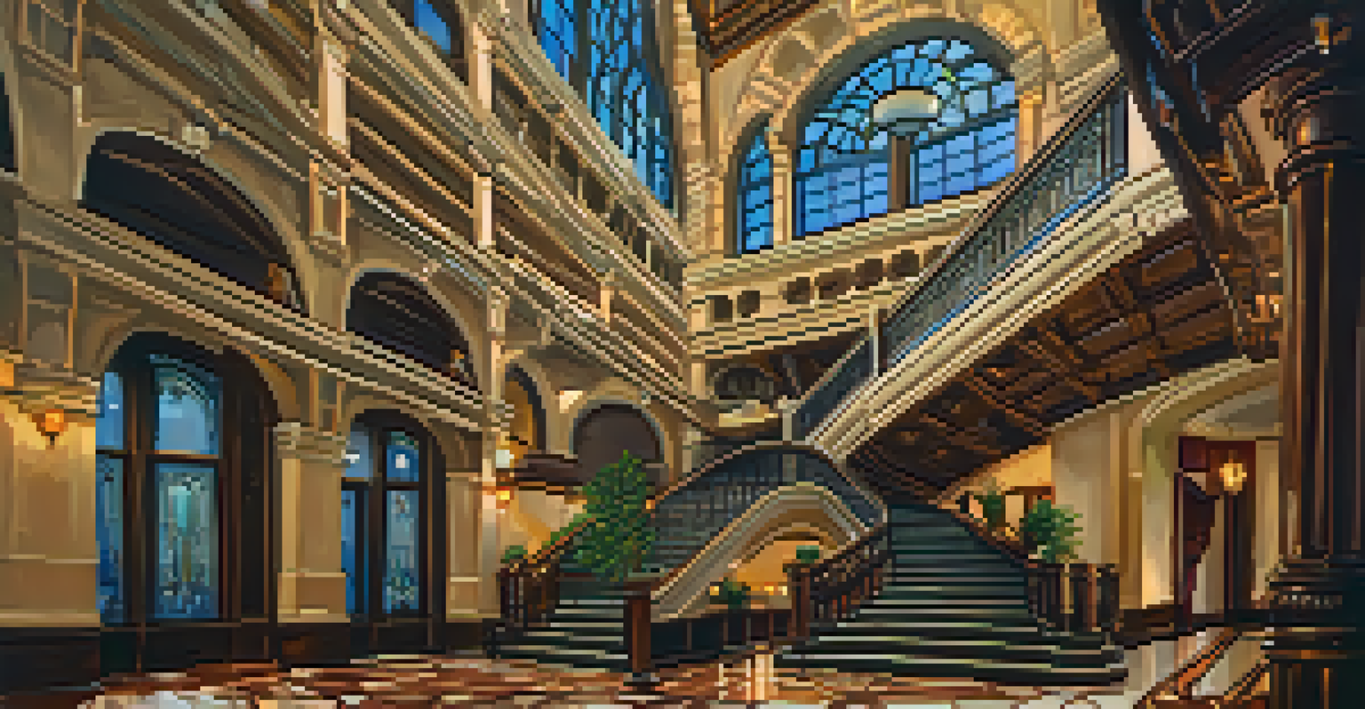 The grand staircase of the Driskill Hotel, showcasing ornate architecture and warm lighting.