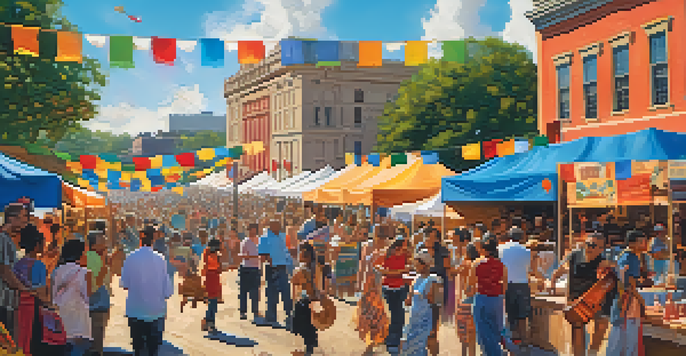A lively heritage festival in Austin with diverse cultural performances, colorful banners, and historic buildings under a bright blue sky.