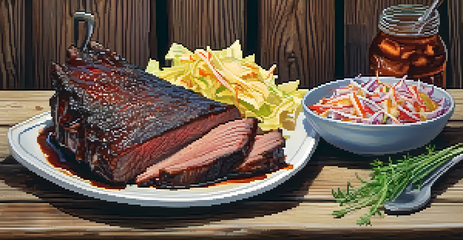 A close-up view of a plate of Texas-style barbecue with brisket and ribs, garnished and served with sides, on a rustic wooden table.