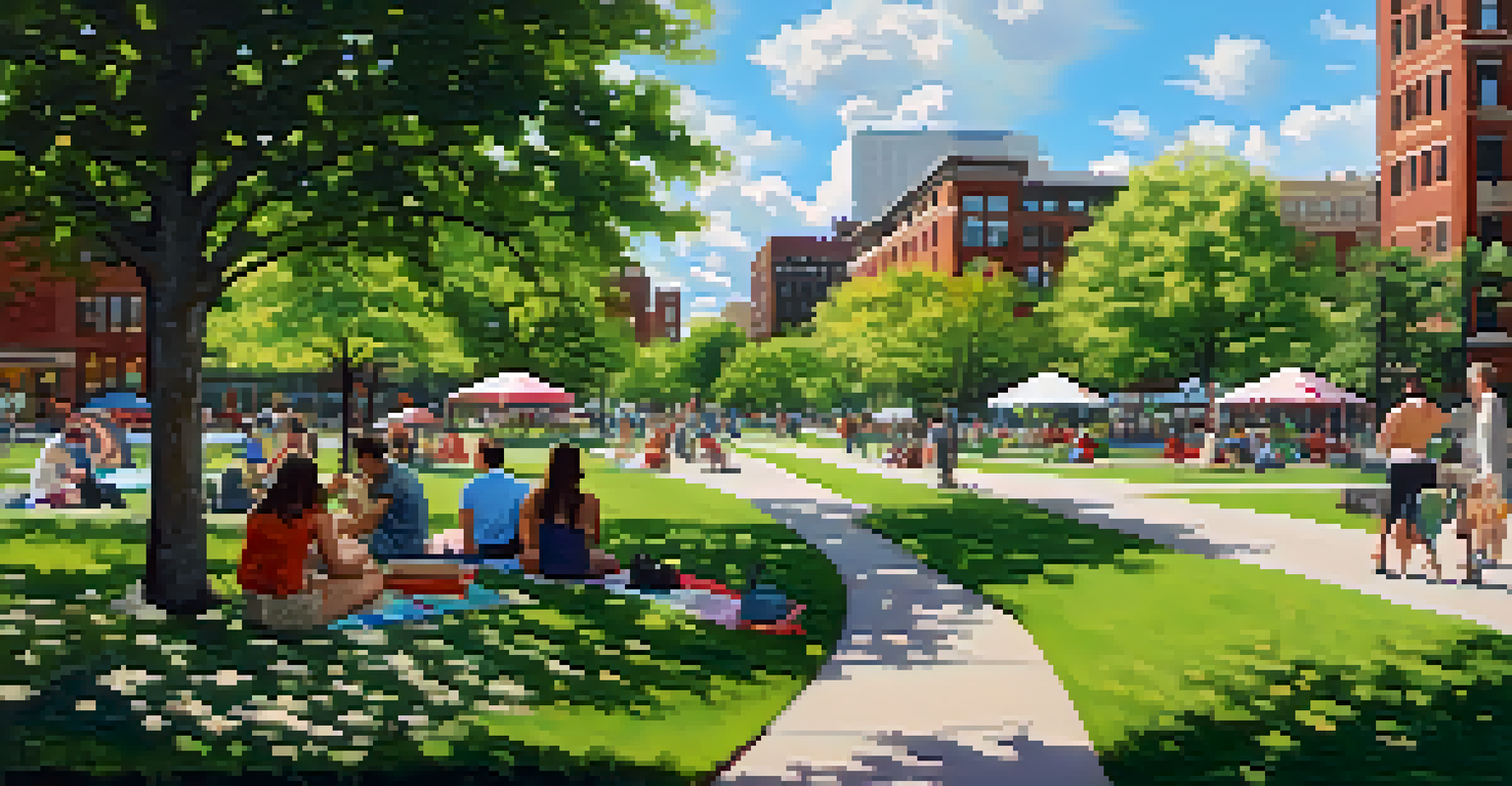 A peaceful park in North Loop with lush greenery, people picnicking, and a serene riverfront under a clear blue sky.