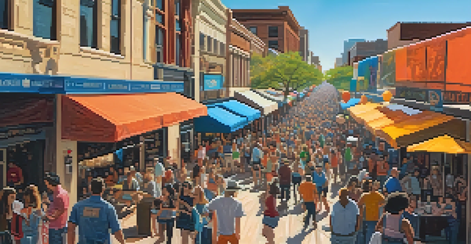 A lively street scene at the South by Southwest festival in Austin, showcasing a diverse crowd enjoying music and food.