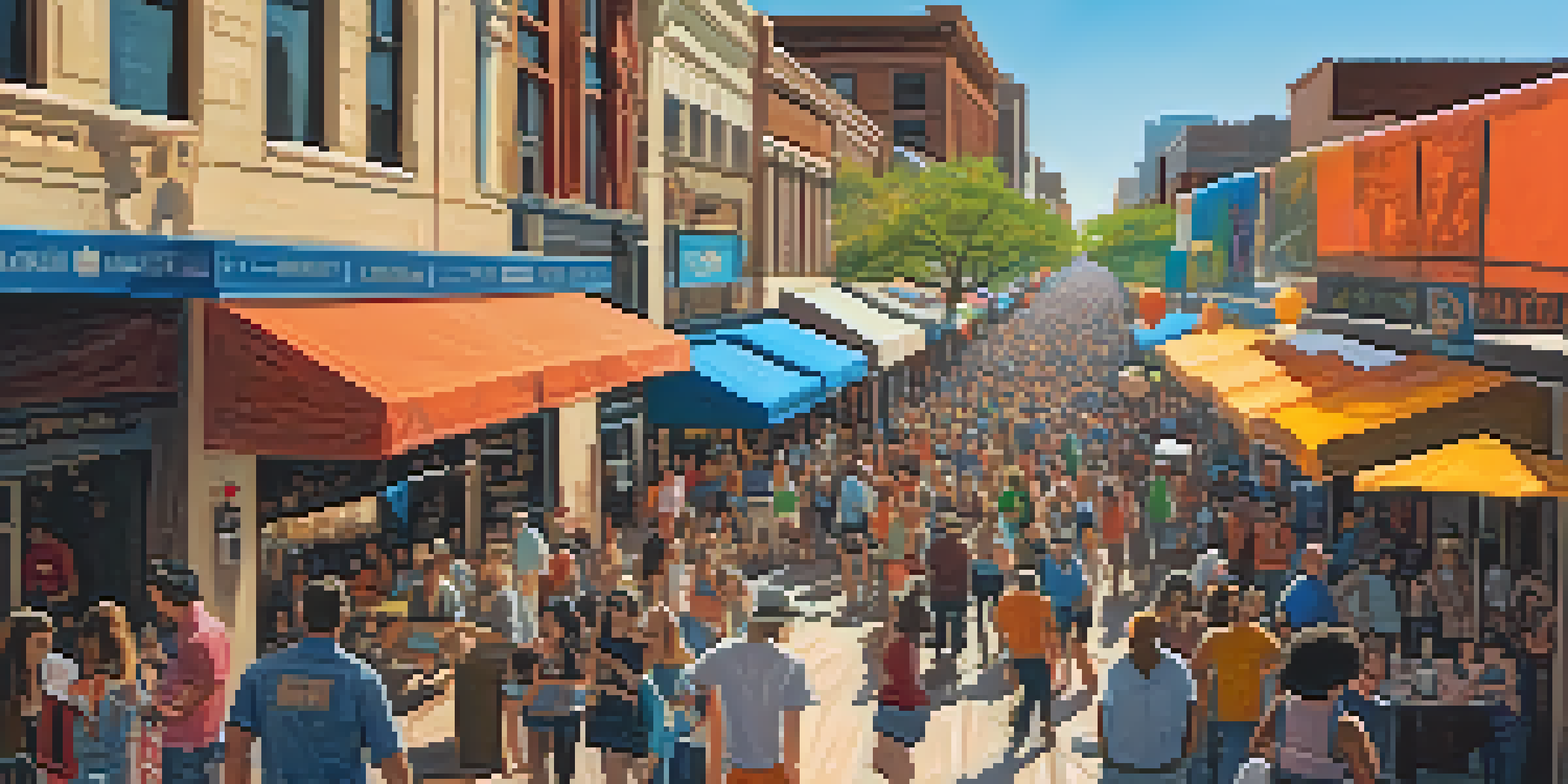 A lively street scene at the South by Southwest festival in Austin, showcasing a diverse crowd enjoying music and food.