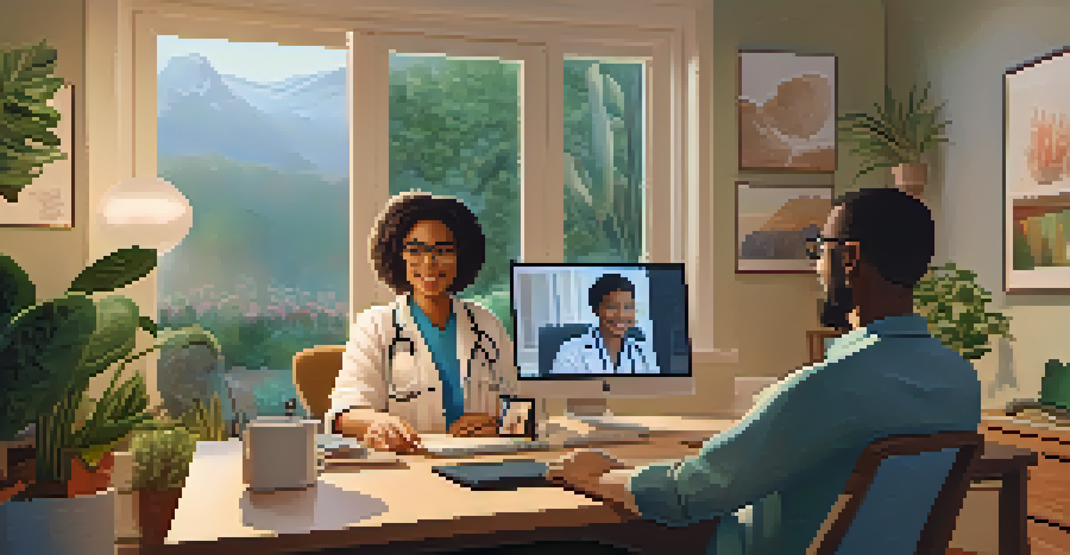 A healthcare professional interacting with a patient via video call in a cozy home office, with plants and soft natural light creating a warm atmosphere.
