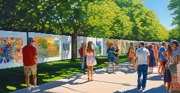 An outdoor art exhibition in Austin with people admiring colorful installations and paintings under a clear blue sky.